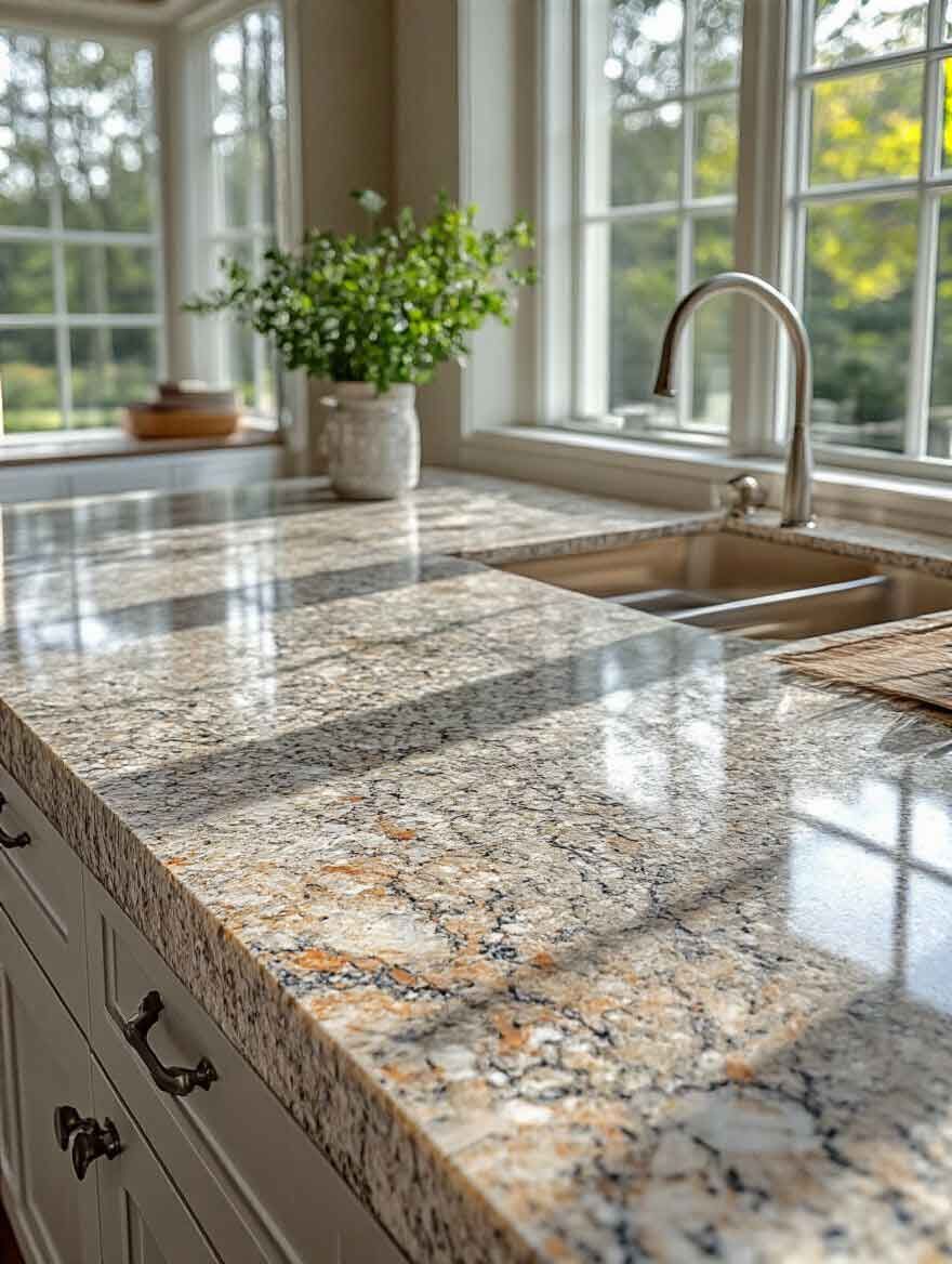 Polished granite countertop with undermount sink